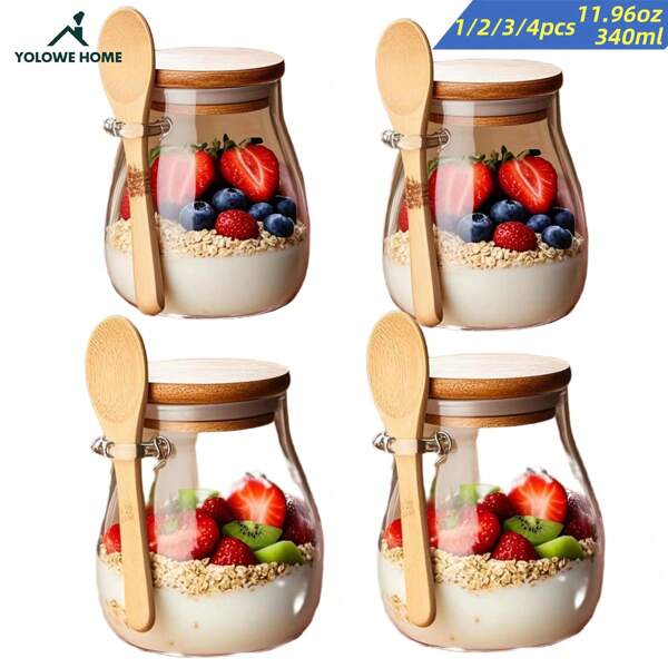 1/2/3/4 Packungen - 340ml Glasbehälter, Overnight-Oats-Behälter mit Deckel und Löffel, Glasbehälter für Lebensmittelaufbewahrung, Küchenorganisatoren und -aufbewahrung, Behälter für Gewürze, Kaffeedose, versiegelte Frühstücks-Tasse: Tragbare Getreide-, Milch-, Salat-, Joghurt-Tasse, Behälter für Gemüse und Obst