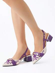 Sandálias de Salto Alto Tipo Slingback com Bico Fino e Decoração de Corrente, Estampa Floral Vintage para Mulheres, Saltos Confortáveis para Trabalho, Festa à Noite, Celebração, Adequado para Primavera, Verão, Outono, Inverno, Roxo, Elegante, Sapatos de Salto Femininos - Roxo - Visão 4