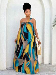 Summer Fruit Green Solid Color, Single Shoulder Sleeveless Design With A Circular Ring, Women's Long Dress, For Home Leisure, Beach Vacation And Travel - Greenish Yellow - View 5