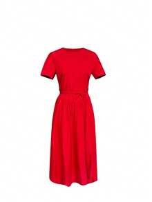 Puff Sleeve Modest Red Mini Dress, Slimming - Red - View 2