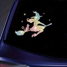 Glitter Witch Cat Broom Halloween Sticker - Glitter Vinyl Car Decoration, Easy To Apply & Disposable! - one-size - View 5