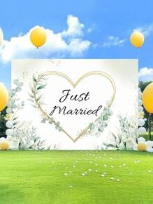 1pc Just Married Wedding Photography Backdrops Heart Shaped Watercolor Flowers Green Leaves Photo Background 59.1*39.4/82.7*59.1/106.3*70.9 Inches Indoor Outdoor Groom Bride Party Banner Romantic Bridal Couple Decoration Supplies