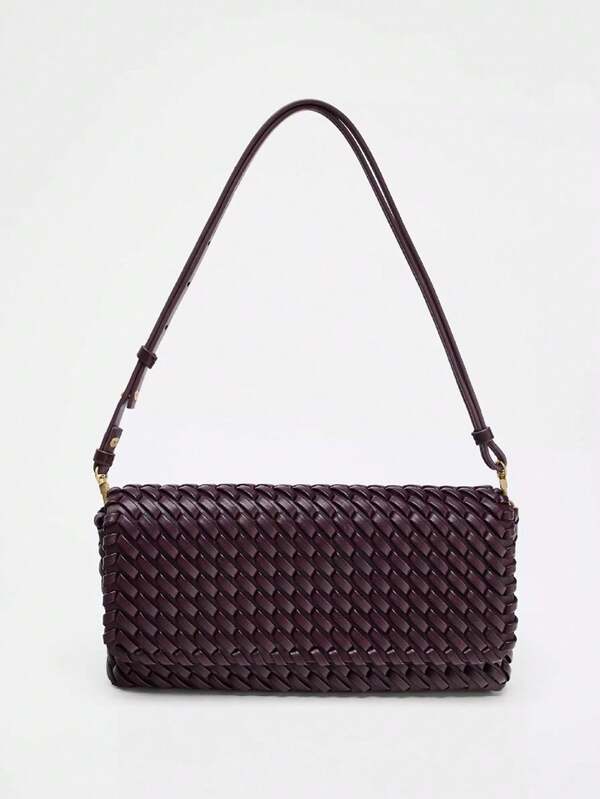 Woven Bag With Elegant Vibe, Shoulder Strap & Flap Closure, Simple & Versatile
