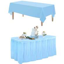 Juego de mantel y falda de mesa, falda de mesa desechable de 29 in x 14 ft y mantel de plástico de 54 x 108 in para mesas rectangulares, bodas, fiestas de bufé, fiestas de cumpleaños, decoraciones de baby shower, Navidad, San Valentín, Pascua (Blanco, Negro, Rosa, Azul)