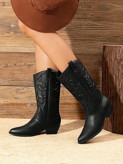 Botas vaqueras para mujer, con punta puntiaguda, sin cordones, con detalle bordado, tacón grueso, para festivales de música, a juego, botas de media caña