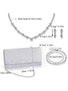 精緻、安靜的奢華閃爍,閃閃發光的迷人,優雅的女士時尚鑽石項鍊、手鍊、耳環套裝,配有晚宴手拿包、鏈帶肩包、晚宴包,適用於派對女孩、女人,特別適合派對、婚禮、舞會、晚宴/宴會,為女性提供最好的禮物,獻給派對女孩、女人、新娘的完美禮物,最好的新年和情人節禮物套裝 - 銀色 - 查看 5