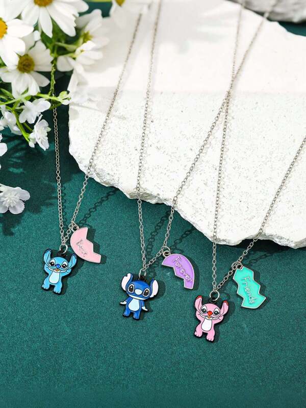 Disney 3pcs Disney Stitch & Friends Best Friends Forever Heart Pendant Necklaces, Synthetic Stone, Zinc Alloy, Iron Chain, Unisex Friendship Jewelry For Daily, Party, Gift Occasions, Valentine's, Mardi Gras, Football - All Seasons