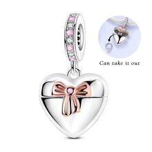 1pc Silver Color Elegant Pink Cubic Zirconia Heart Shaped Ring Gift Box Rose Tone Bow Charm Ideal For 3mm Bracelets Necklaces DIY Women Jewelry Making Beads Pendant Daily Wear Gift For Special Occasions Valentine's Day - Silver - View 1