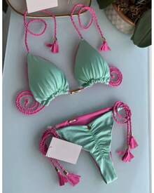 Nuevo Bikini de mujer con triángulo de cuerda sin espalda, traje de baño multicolor