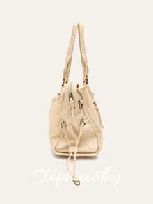 STEPHIECATHY Women's Fashionable Casual Cool Street Style Soft Washed PU Vegan Leather Zipper Closure Zip Pockets Braid Decor Large Capacity Fits 13' Laptop Tote Adjustable Long Strap Cross Body Shoulder Bag Daily College Commute Travel Versatile Spring Summer, New Arrival Tote Bags For Woman - Beige - View 2