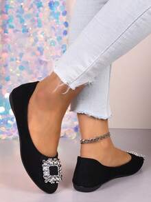 Pointed Toe Slip-On Flats For Women, Spring 2025 New Arrivals, Square Buckle Crystal Decor, Suitable To Wear With Dress, Soft Bottom Work Shoes, Elegant And Comfortable - Simple and Elegant Black - View 4