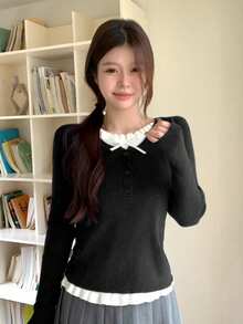 Spring New Ballet-Style Sweet Knitted Sweater, Long Sleeve T-Shirt, Slimming Layering Top, Coordinated Set