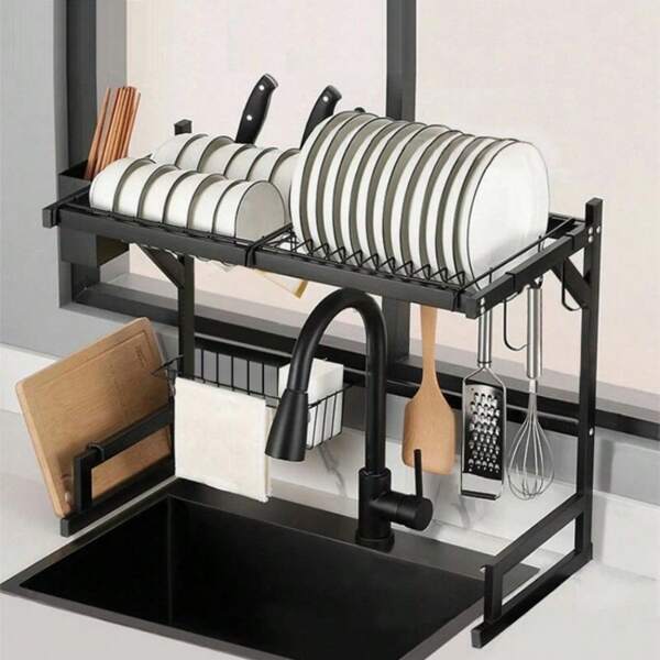 Over-The-Sink Drainer Rack, 2-Tier, Compact, With Hooks, Over-The-Sink Storage Rack, Large Capacity, Slim, Kitchen, Dish Drainer Basket, Storage Rack, Kitchen