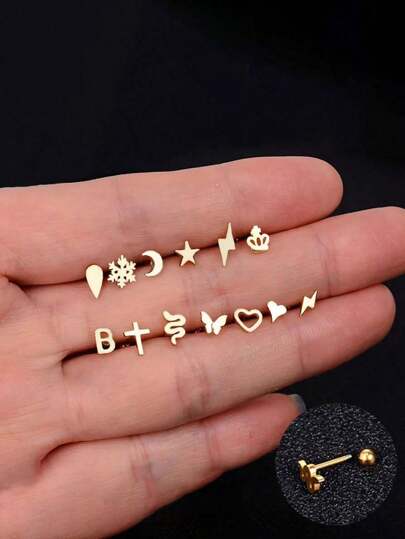 1PC Stainless Steel Tiny Stud Earrings Women Heart Star Moon Cross Butterfly Snake Earrings Helix Cartilage Lobe Conch Flat Ear Screw Back Piercing Exquisite Jewelry Summer