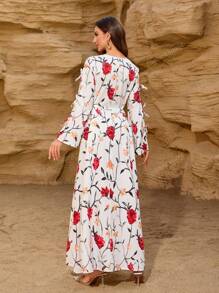 Women's Floral Print Long Sleeve Maxi Dress - Elegant Casual Wrap Dress With Belted Waist For Spring Summer Vacation & Daily Wear,Dresses Classy Elegant,Modest