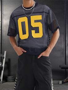 Men Mesh Shirt Loose Number Print See Through Short Sleeve Round Neck Sport T-Shirts Casual Streetwear - Màu xanh lam - Xem 3