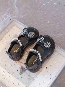 New Kids Girls Pearl & Bow Design Soft Sole Non-Slip Flat Leather Shoes, Simple & Versatile For Daily Casual Wear - Black - View 4