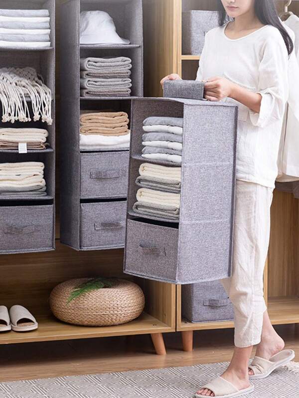 Organizador colgante de armario plegable - Estantes colgantes para armario, ropero y clóset, soluciones de almacenamiento para el dormitorio con estantes de cajón, bolsa de almacenamiento colgante multicapa de tela no tejida para zapatos, ropa y cocina, decoración del hogar con estampado de lino gris, decoración de habitación y decoración de otoño, organizador multifuncional suspendible