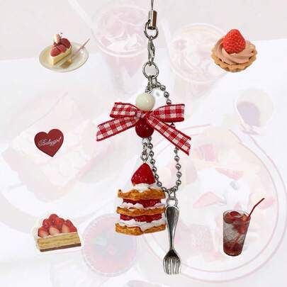 French Sweet Strawberry Napoleon Cake Handmade Bowknot Girly Vintage Pendant Phone Lanyard Keychain Bag Charm