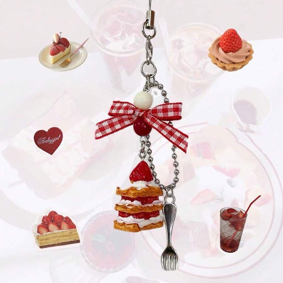 Bánh Napoleon dâu tây ngọt ngào kiểu Pháp nơ thủ công nữ tính cổ điển mặt dây chuyền điện thoại móc khóa túi xách - Đỏ - Xem 1