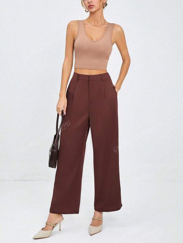 Women's Solid Color High Waist Loose Fit Wide Leg Suit Pants With Pockets, Office Commuter Wear