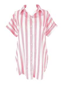 Women's Casual Striped Print Short Sleeve Collared Blouse - Pink - View 3