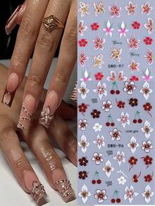 花瓣芙蓉 5D 浮雕指甲贴纸 2 件百合花海图案美甲贴花自粘 DIY 饰品贴纸指甲装饰夏季海滩度假美甲配件 - 彩色 - 查看 3