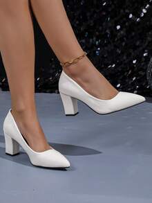 Plus Size Women's Pointed Toe Block Heel Slip-On Leather High Heels - White - View 3