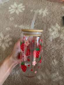4pcs/1pc Strawberry Floral Print Glass Cup With Lid & Straw, 16oz Jar Shaped Water Tumbler, Iced Coffee Cup, Suitable For Tea, Juice, Milk, Birthday Gift, Drinkware, Reusable - Multicolor - View 9