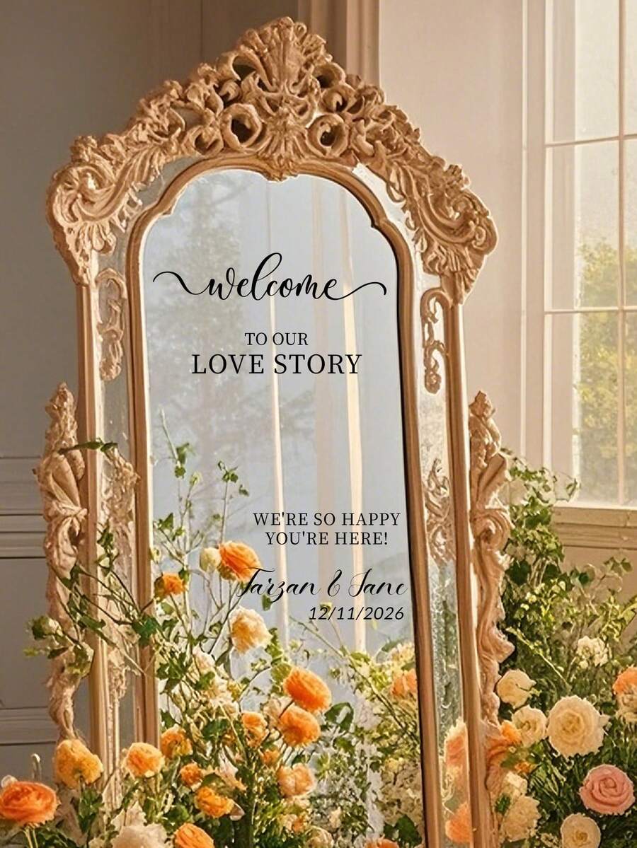 Custom Mirror Wedding Decor Stickers - Welcome To Our Love Story Wedding Sign Mirror Stickers - Customizable Size Sign Stickers Vinyl Transfer Tape - Wedding Sign Decoration DIY Wedding Stickers - Customizable Name - Suitable For Mirrors, Acrylic, Multi-Functional, Decorative, Reusable, Mildew-Proof, Stainless Steel, Engraved, Exquisite, Stylish, High Quality, Rich Colors, Modern, Customizable, Personalized, Unique, Home Decor, Custom Wedding Crafts, Home Decor, Decorate Your Home, Keepsakes, Reusable, Cute, High Quality - B - View 1