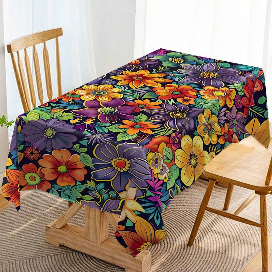 1 块矩形印花桌布，抽象彩色花卉图案，适合派对、野餐、烧烤、节日、户外活动