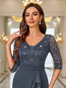 MIUSOL Đầm cocktail cổ chữ V sâu, đính sequin, ren hoa và xếp ly, kiểu dáng thanh lịch, thích hợp cho sinh nhật, đám cưới, lễ tốt nghiệp, dạ hội, lễ hội trường và các dịp khác. - Xám - Xem 9