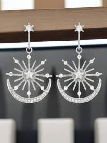 1pc Minimalist Bohemian Summer Fashion Sun Goddess, Star & Moon Rhinestone Decor Long Drop Earrings, Lady Earrings Suitable For Daily Wear