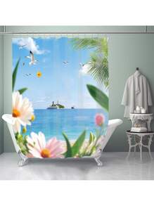1pc/4pcs Marine Beach Flower Arch Print Multifunctional Bathroom Shower Curtain Set With 12 Hooks, Anti-Slip Bath Mat, U-Shape Toilet Mat, Round Toilet Lid Cover, Full Bathroom Set For All Scenarios Bathroom Accessories Back To School