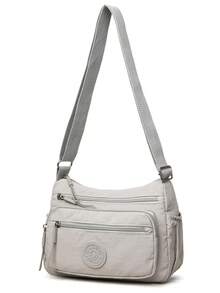 Casual Nylon Shoulder Bag With Adjustable Strap, Multi-Compartment, Solid Color, Zipper Closure, Polyester Lining, Lightweight & Versatile Cross-Body Bag For Everyday Use - Grey - View 4
