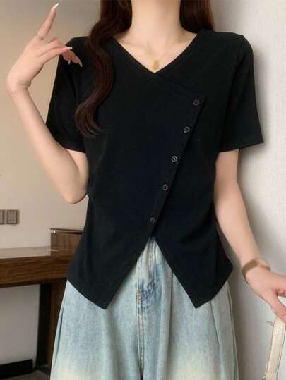 女式不对称 V 领短袖 T 恤，时尚宽松修身廓形上衣