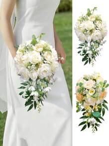 1 pieza Ramo de novia en cascada de rosas blancas artificiales, ramo de boda para lanzar, para ceremonia de boda, aniversario, verano, cumpleaños, regalos, decoración de habitación, útiles escolares