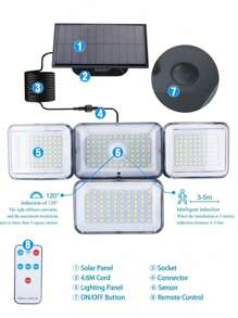1 pieza Luces solares para exteriores, 288 LED 3000LM con sensor de movimiento, Luces solares de 6500K con control remoto, 4 cabezales de luces de inundación de seguridad de 300° de ángulo amplio para jardín, patio, camino, garaje y calle, con cable de 16,5 pies y 3 modos