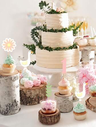 12pcs Silly Goose One Year Cake Insertion -Cupcake Toppers - Whimsical Farm Animal Cake Decorations With White Geese, Green Plants ,Pink Number 1 & Pale Pink Little Daisy Design For Birthday Parties & Celebrations, Party Cake Toppers | Playful Design | Detailed Feathering, Cake Decorations Supplies