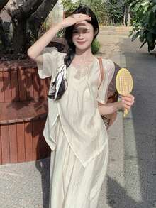 女式交叉系带收腰短衬衫，简约设计，修身，有领 - 杏色 - 查看 2