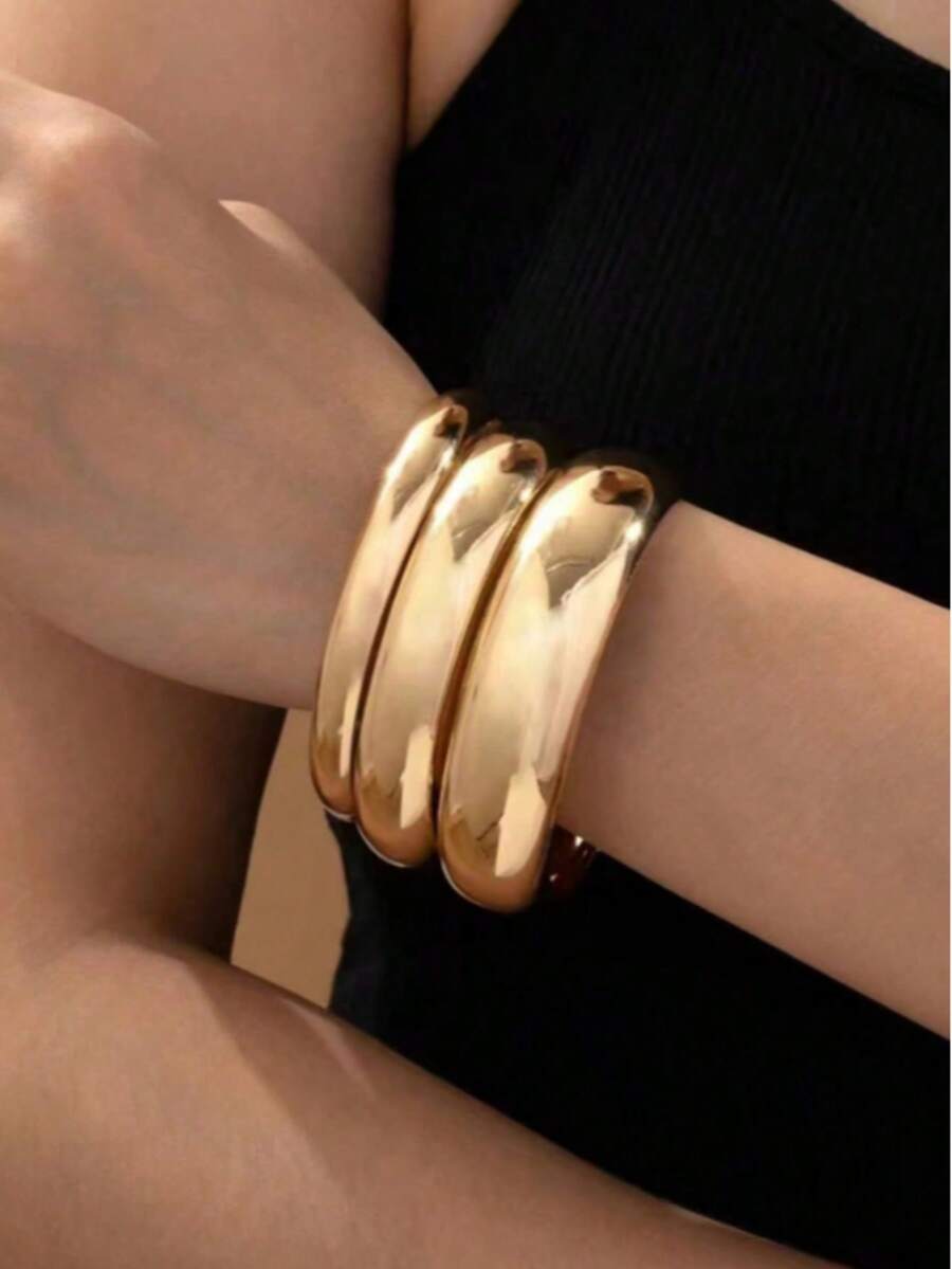 1 Set Of 3 Asymmetrical Gold Color Metal Bangle Bracelets, Fashion Exaggerated Stacking Wrist Cuffs - 3 Smooth Bracelets - View 1