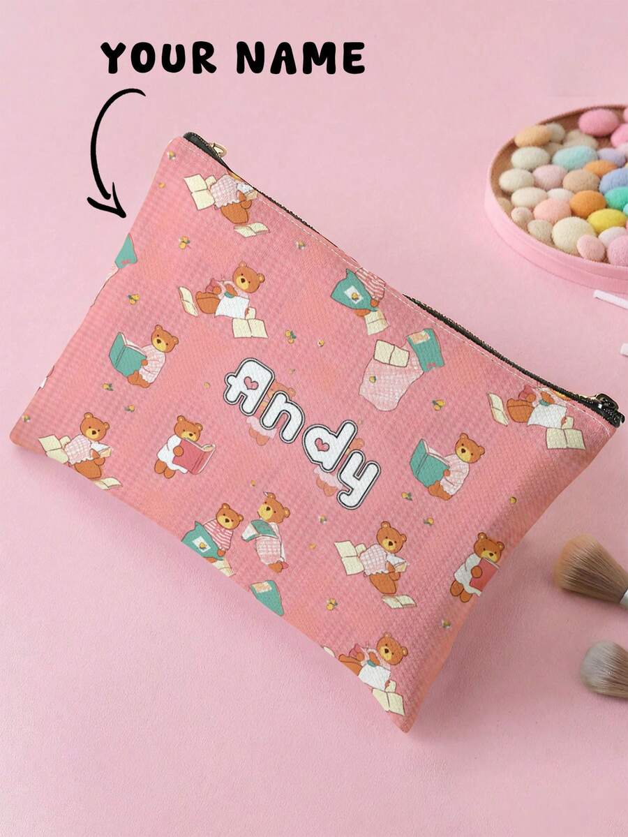 1pc Customizable Name/Text Cute Bear Pattern Double-Sided Printed Travel Portable Cosmetic Storage Bag Zipper Makeup Pouch, Suitable For Teenage Skin Care Storage, Can Be Customized Based On Your Name - Multicolor - View 1