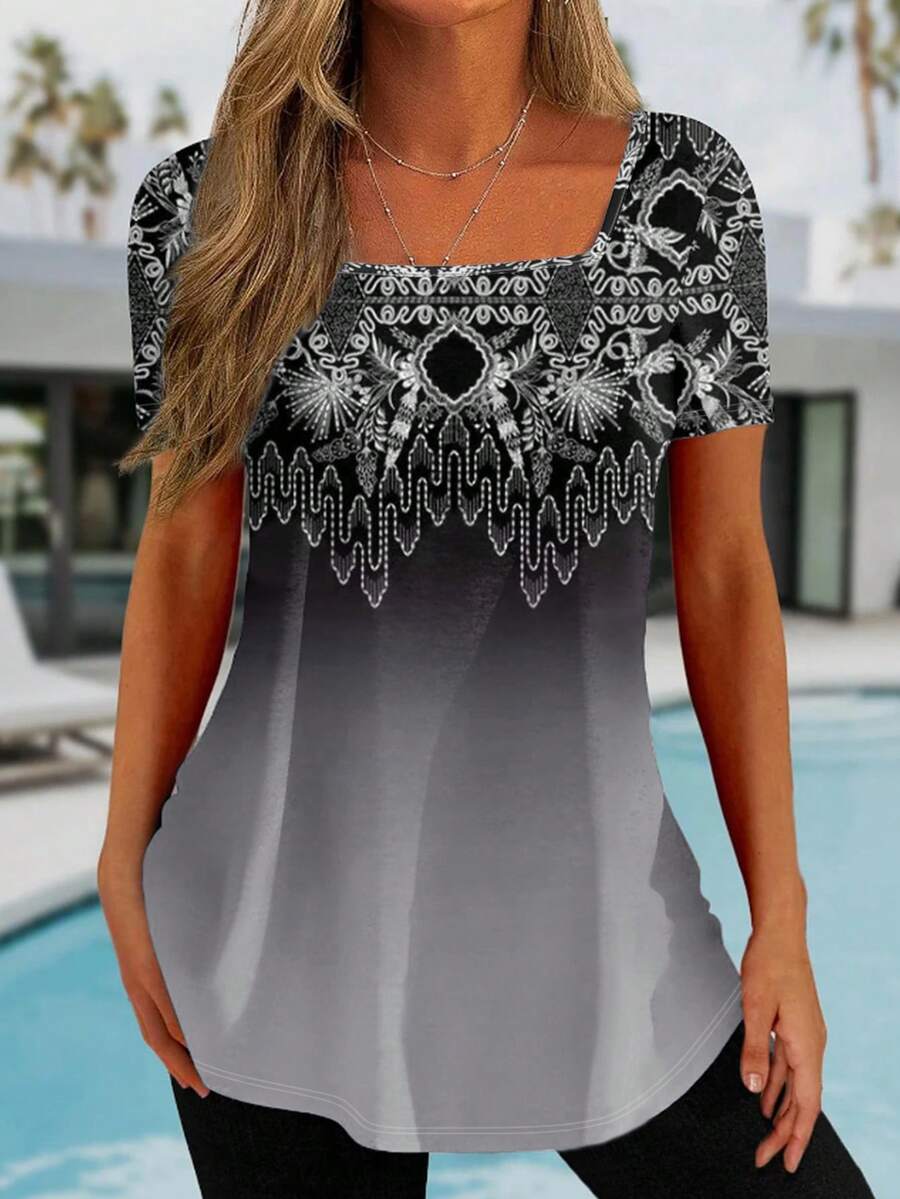 Áo thun nữ tay ngắn cổ vuông in họa tiết hình học, nhẹ nhàng, thanh lịch, đa năng, phù hợp cho đi chơi, ở nhà, du lịch, công sở vào mùa xuân và kỳ nghỉ hè. - Màu xám đậm - Xem 1