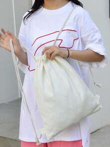 New Canvas Backpack, Drawstring Closure Pocket Design, Shopping/Student Backpack, School Supplies, School Bag, Bookbag, Back To School Backpack, Large Capacity, Waterproof, Lightweight, Foldable, Classic Casual, Perfect For Back To School, First Day Of School, Middle School, High School, Sports, College Style Student Backpack, Back To School Essential - Beige - View 3