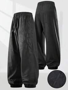 Casual Sports Drawstring Waist Jogger Pants For Men, Side Pockets, Print, For Summer Running & Workout Black Spring - Black - View 1