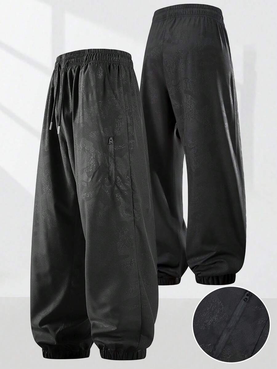 Casual Sports Drawstring Waist Jogger Pants For Men, Side Pockets, Print, For Summer Running & Workout Black Spring - Black - View 1