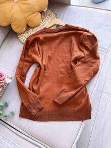 V Neck Plus Size Basic Long Sleeve Winter Knit Top Women Fashion - Rỉ Nâu - Xem 2