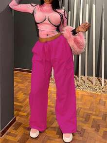 Pantalones cargo para mujer, holgados, con cordón y cintura elástica, pantalones de paracaídas Y2K, pantalones de pierna ancha - Rosa Roja - Ver 1