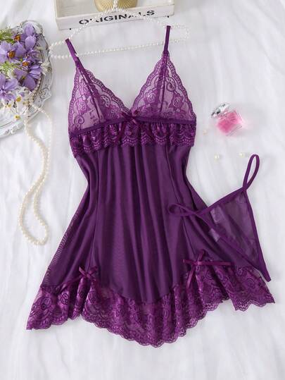 2pcs Women Sexy Solid Color Lace Sleepwear Set, V Neck Backless Asymmetric Hem Camisole & G-String, Comfortable Robe