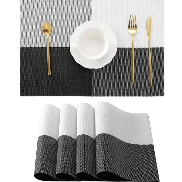 4 piezas Individuales con patrón de cuadrícula gris, resistentes al calor y antideslizantes, individuales de PVC de vinilo tejido lavables y duraderos (Cuadrícula gris, 4)